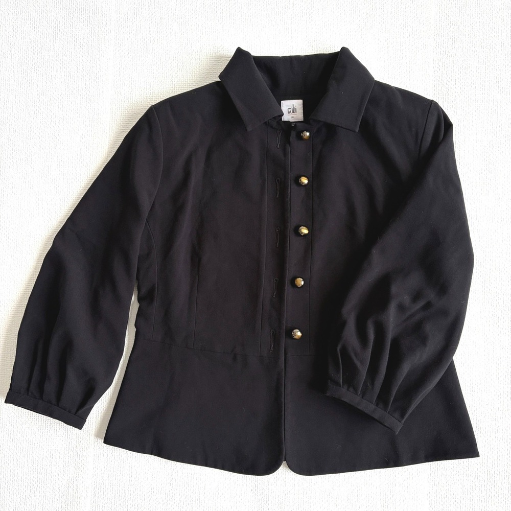 Cabi Jacket Black Peplum Gold Button Puff Sleeve Size 10 Black
